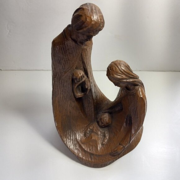 Holy Family Religious Woodgrain Statuette Vintage Resin Dk. Mid Century 1960s - Picture 9 of 9